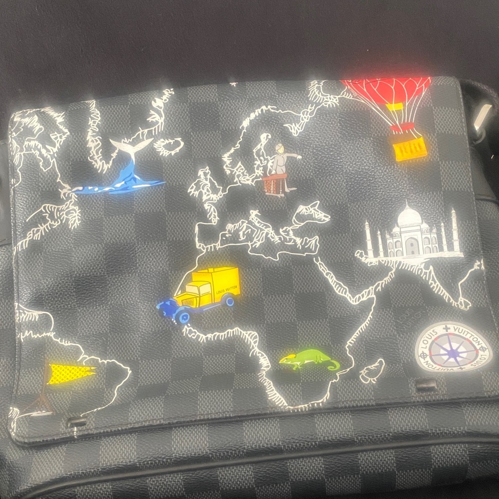 Louis Vuitton Black Checkered Messenger Bag with World Map Design